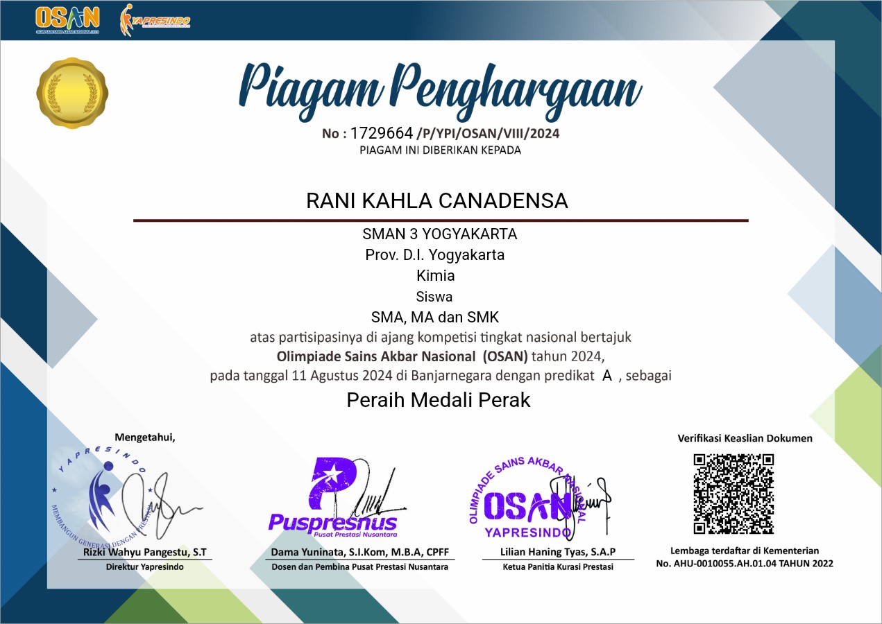 Medali Perak Olimpiade Sains Akbar Nasional (OSAN) Bidang Kimia 2024
